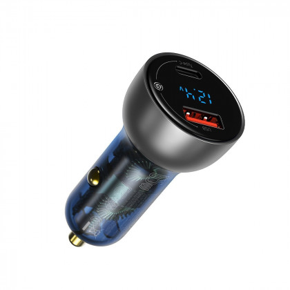 Nabíječka do auta BASEUS s digitálním displejem stříbrná USB + USB-C, QC3.0 + PD, 5A, 65 W