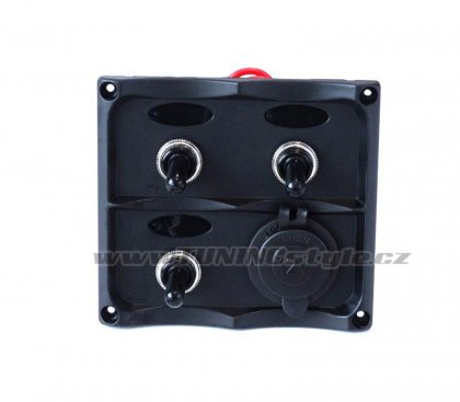 Panel přepínačů 12V, 3x SPST/ON-OFF, 1x zapalovač, 2x pojistka 15A, IP68
