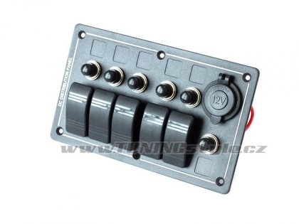 Panel přepínačů ALU, ON-OFF 5x, 1x12V, pojistky 3x5A 2x10A 1x15A IP68