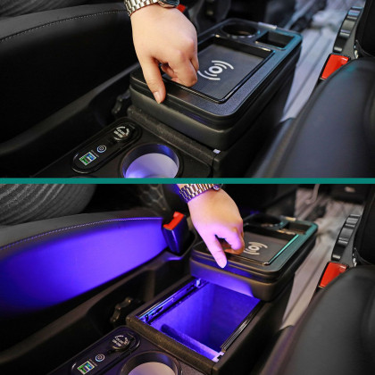 Multifunkční středová konzole pro VW T5 a T6 s úložným prostorem, USB, 12V podsvícená s indukčním nabíjením, černá