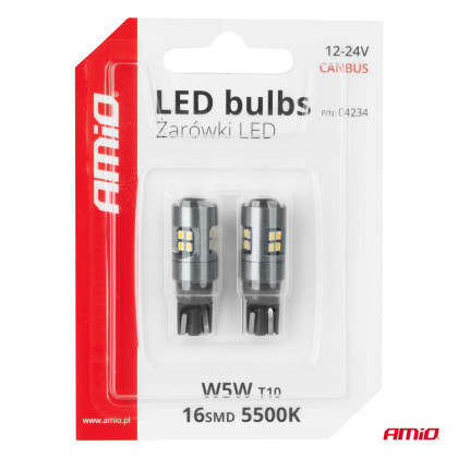 LED CANBUS T10 W5W 16SMD 2016 Bílé žárovky 12V/24V AMIO-04234