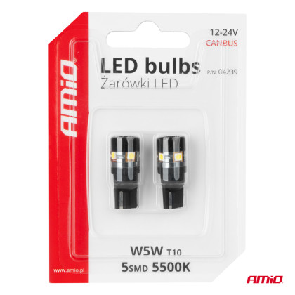 LED žárovky CANBUS T10 W5W 5SMD 3030 White 12V 24V AMIO-04239