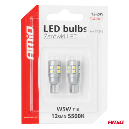 LED žárovky CANBUS T10 W5W 12 SMD 3030 White 12V 24V AMIO-04243