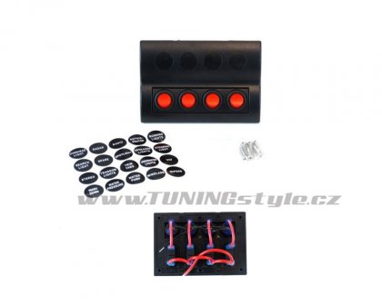 Panel přepínačů 12/24V, 4x ON-OFF, pojistky 2x5A 1x10A 1x15A, 1xLED IP68