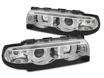 Přední světla 3D LED angel eyes, BMW 7 E38 94-01 chromová