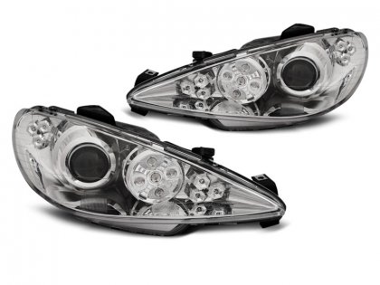 Přední světla s LED, LED blinkrem, Peugeot 206 02- chromová